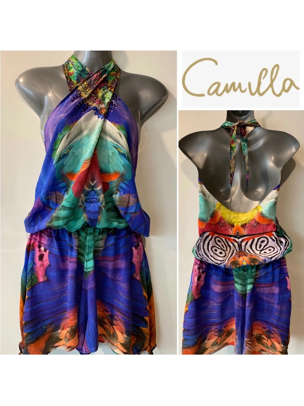 Camilla Multicolor Halter Backless 100% Silk Romper with Swarovski Crystals